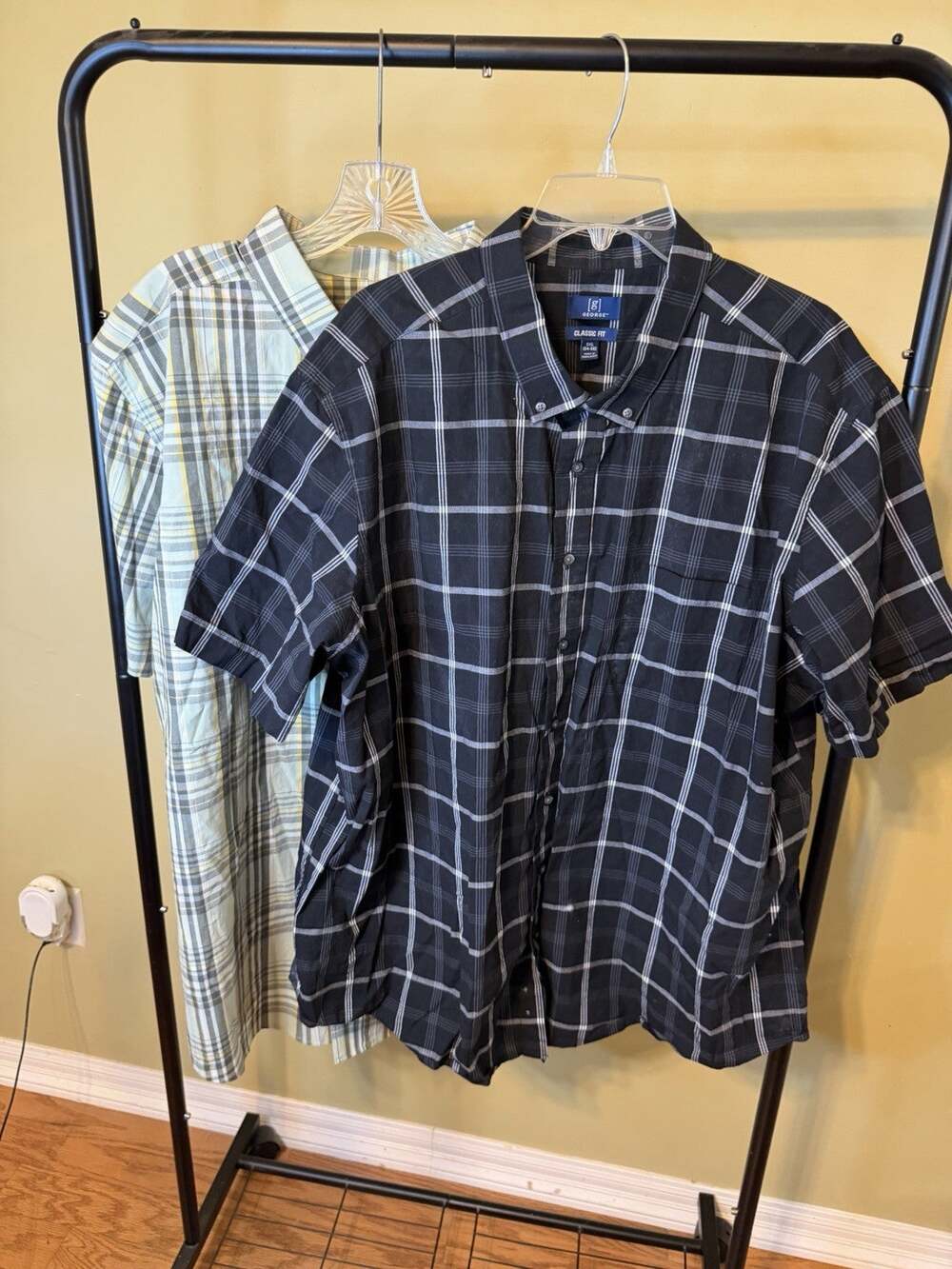 2 George Classic Fit Shortsleeve Plaid Shirts Size 3XL 54-56 Black Green